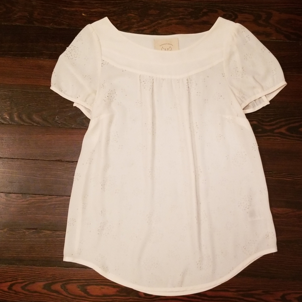 Anthropologie Cream Top, Puff Sleeves, Cut Outs
